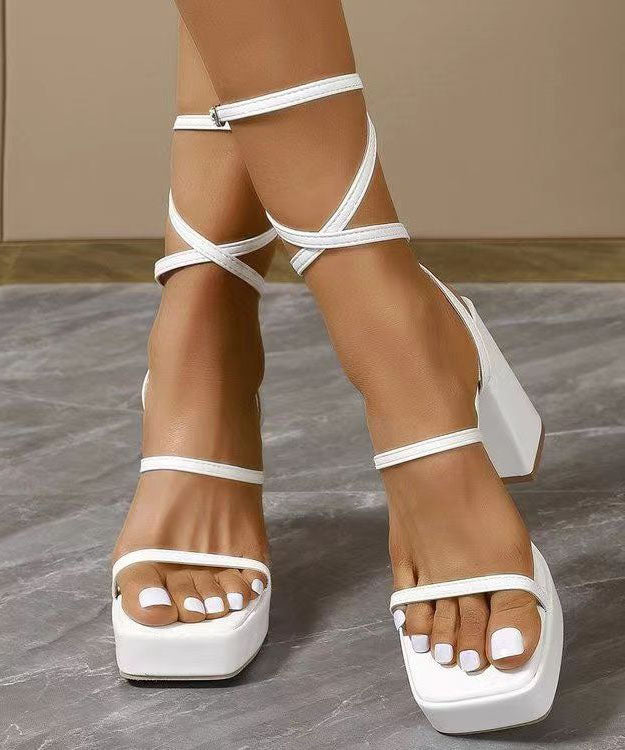 European and American White Chunky Heel Sandals Lace Up Peep Toe