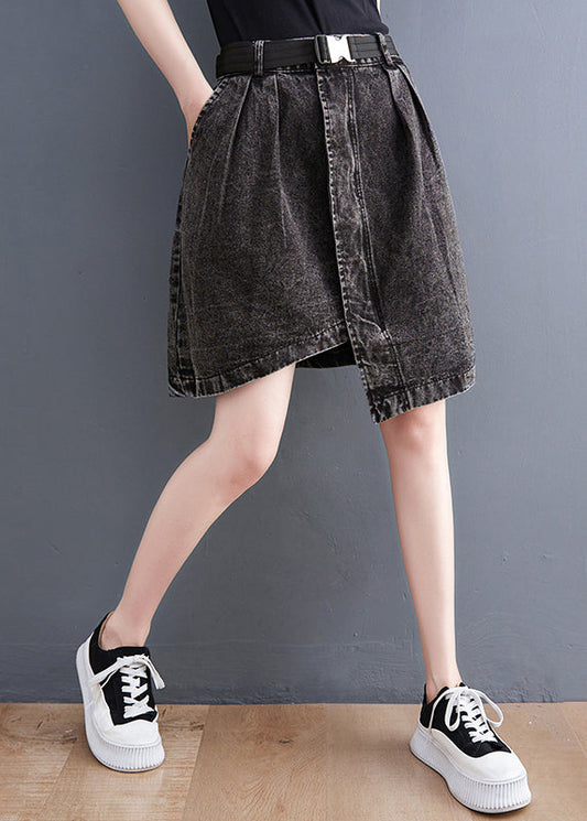 Black Asymmetrical Design Pockets Denim Short Skirt Summer