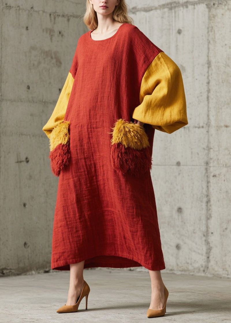 Red Oversized Patchwork Faux Fur Vacation Dress Lantern Sleeve