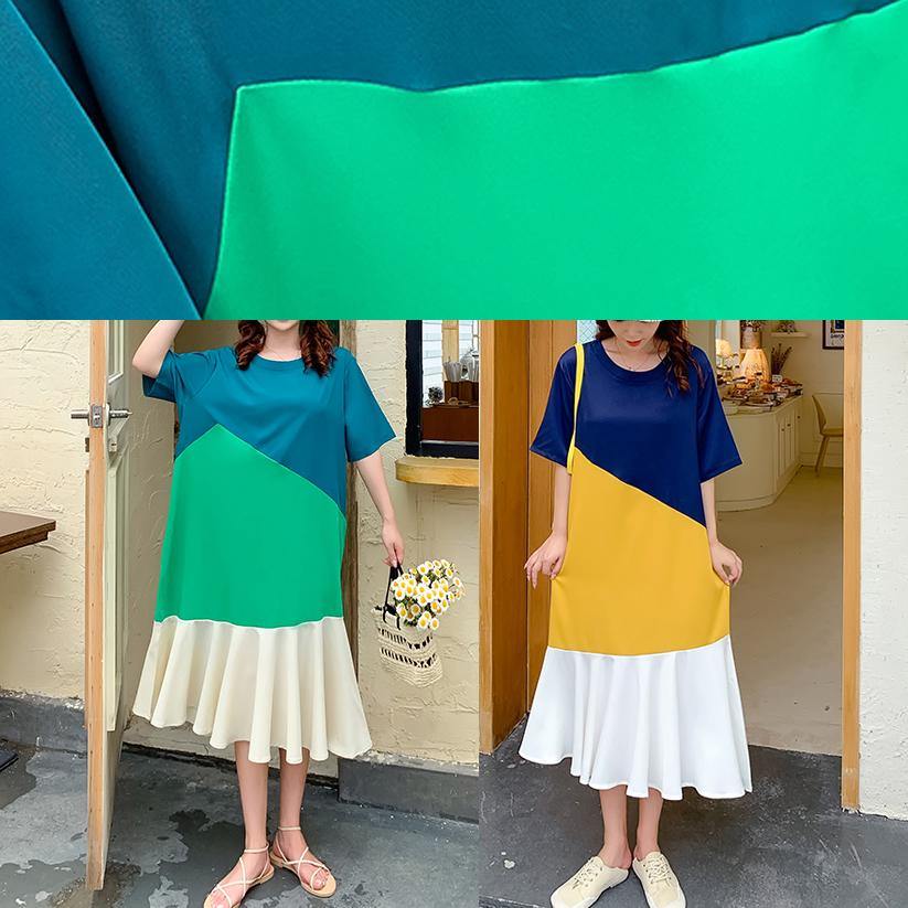 Modern O Neck Ruffles Clothes Runway Green Patchwork Art Dress