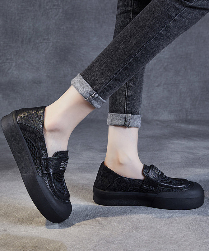 Black Cowhide Leather Hollow Out Loafers Shoes for