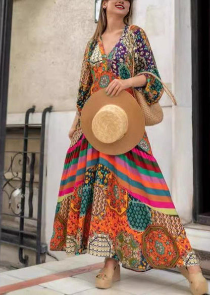 V Neck Print Wrinkled Cotton Long Dress Spring