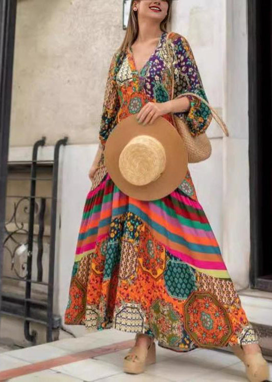 V Neck Print Wrinkled Cotton Long Dress Spring