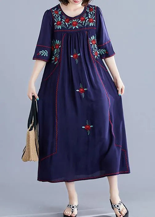 Handmade Navy Embroidery Cotton Clothes for O Neck Cinched Cotton Robes Summer Dress