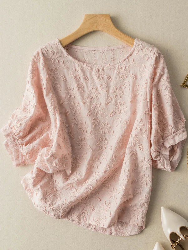 Embroidered Round Neck Half Sleeve Linen Tee Top
