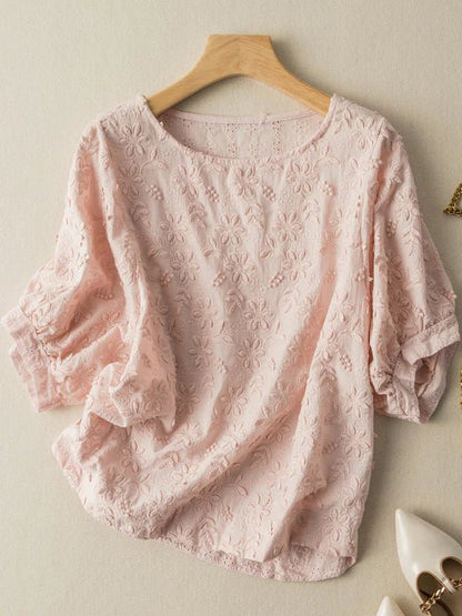 Embroidered Round Neck Half Sleeve Linen Tee Top
