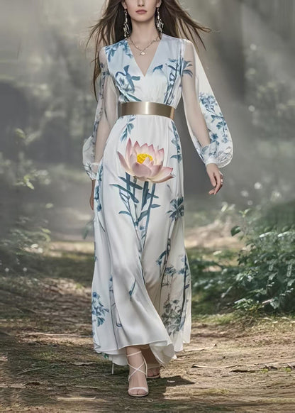 White Cinched Lotus Print Silk Holiday Dress Spring