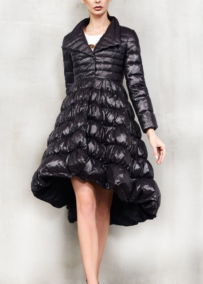 French Black Button Low High Design Cotton Blend Coat Long Sleeve