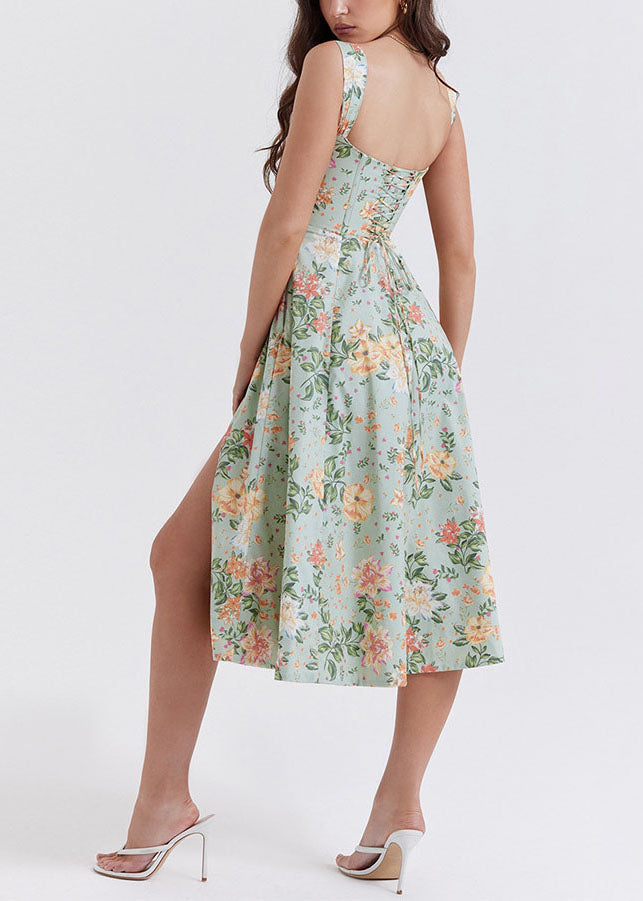 Green Print Side Open Lace Up Cotton Dresses Summer