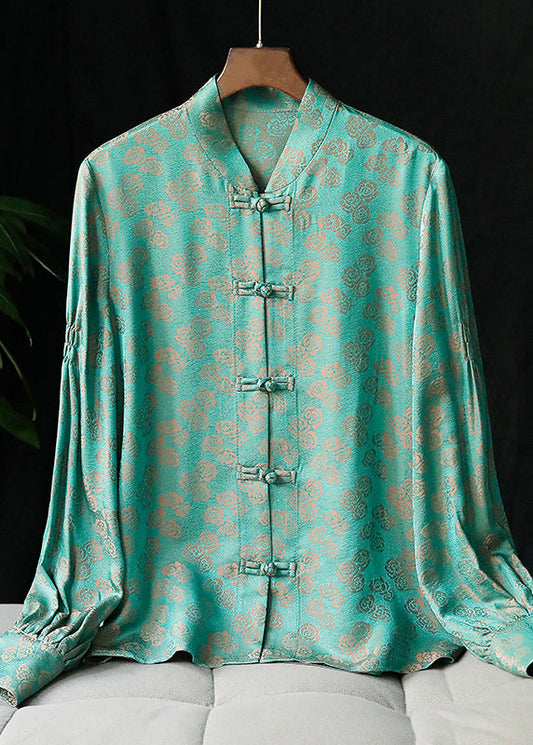 Peacock Green Mandarin Collar Button Jacquard Shirt Tops Long Sleeve