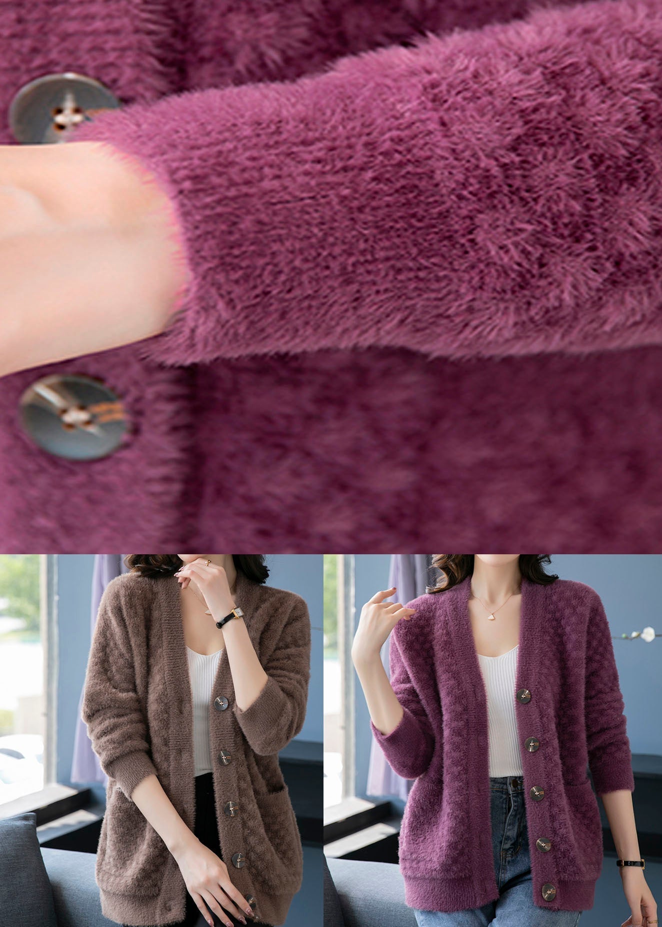 Purple V Neck Pockets Patchwork Mink Hair Knitted Coats Fall