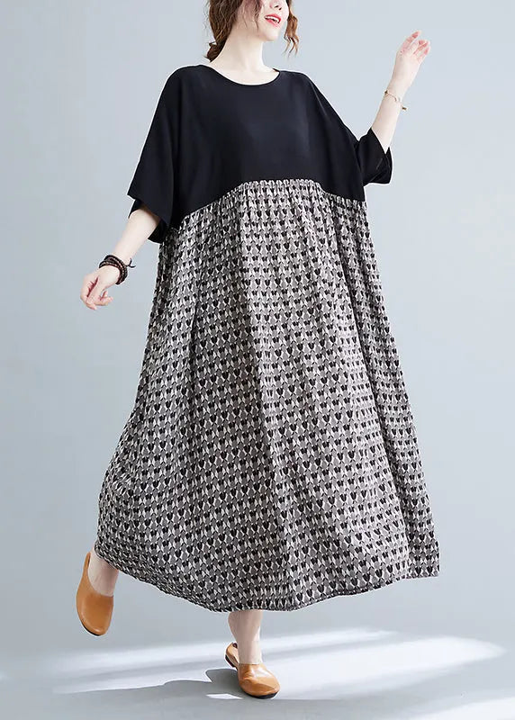 Colorblock O-neck Print Patchwork Vacation Dresses Short Sleeve