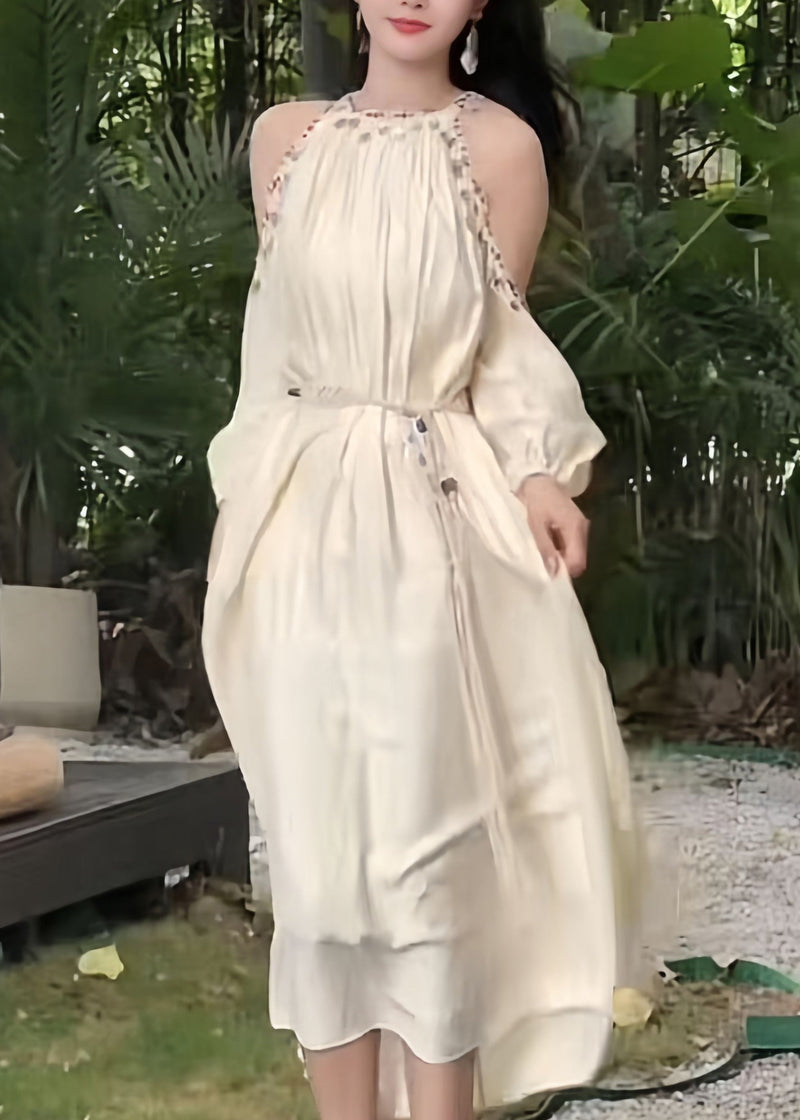 Apricot Sequins Cold Shoulder Lantern Sleeve Silk Long Dress