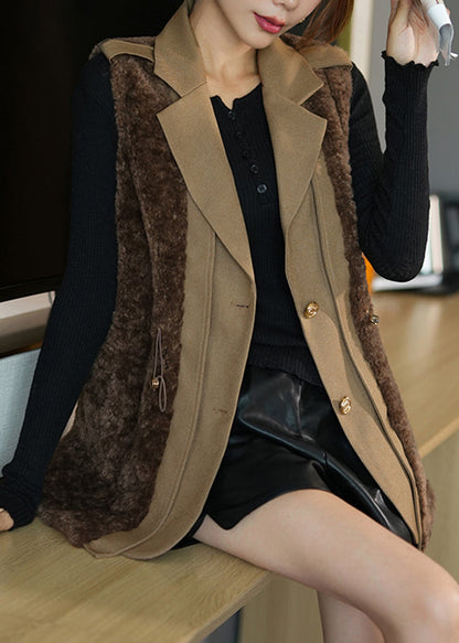 Fine Coffee Notched Patchwork Button Faux Fur Waistcoat Fall