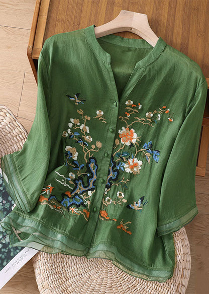 Yellow Embroideried Button Patchwork Linen Top Bracelet Sleeve