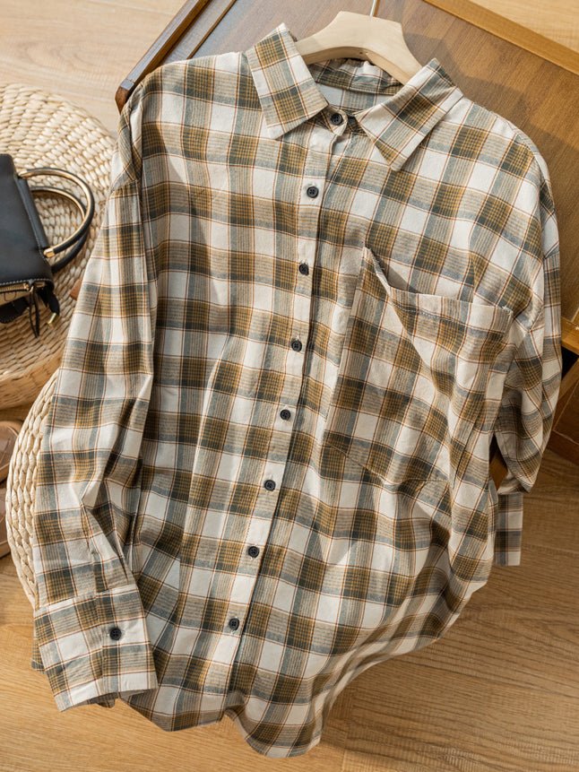 100% Natural Fabric Loose Mid Length Plaid Shirt