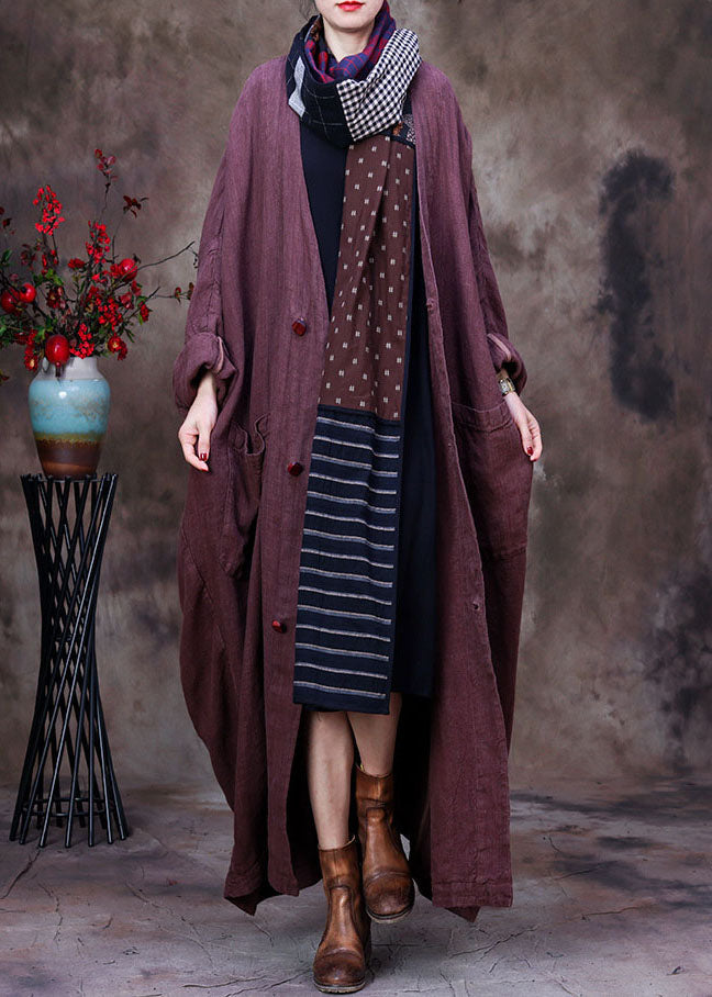 Coffee Linen Trench Coat V Neck Handmade Long Sleeve