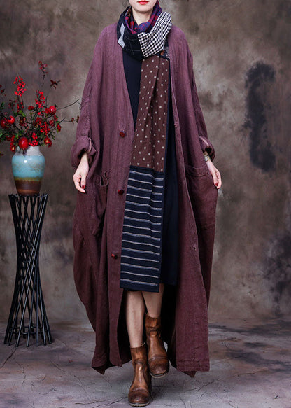 Coffee Linen Trench Coat V Neck Handmade Long Sleeve