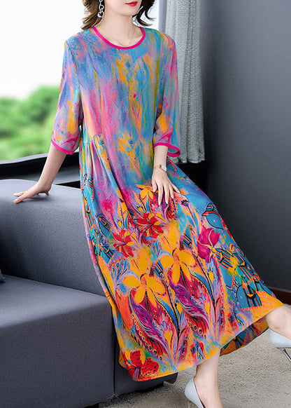 O-neck Print Silk Dress Long Sleeve