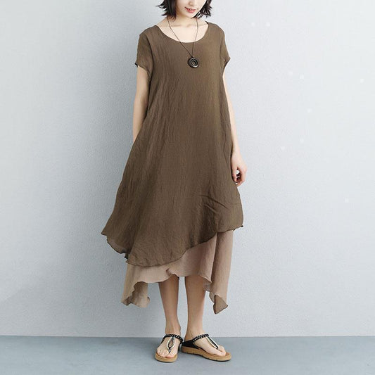 Fine Long Cotton Dresses False Two-piece Short Sleeve Coffee Plain Dress
