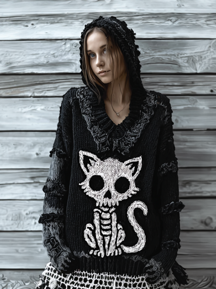 Halloween Cat And Skeleton Pattern Women's V-neck Hooded Knit Sweater artswardrobe