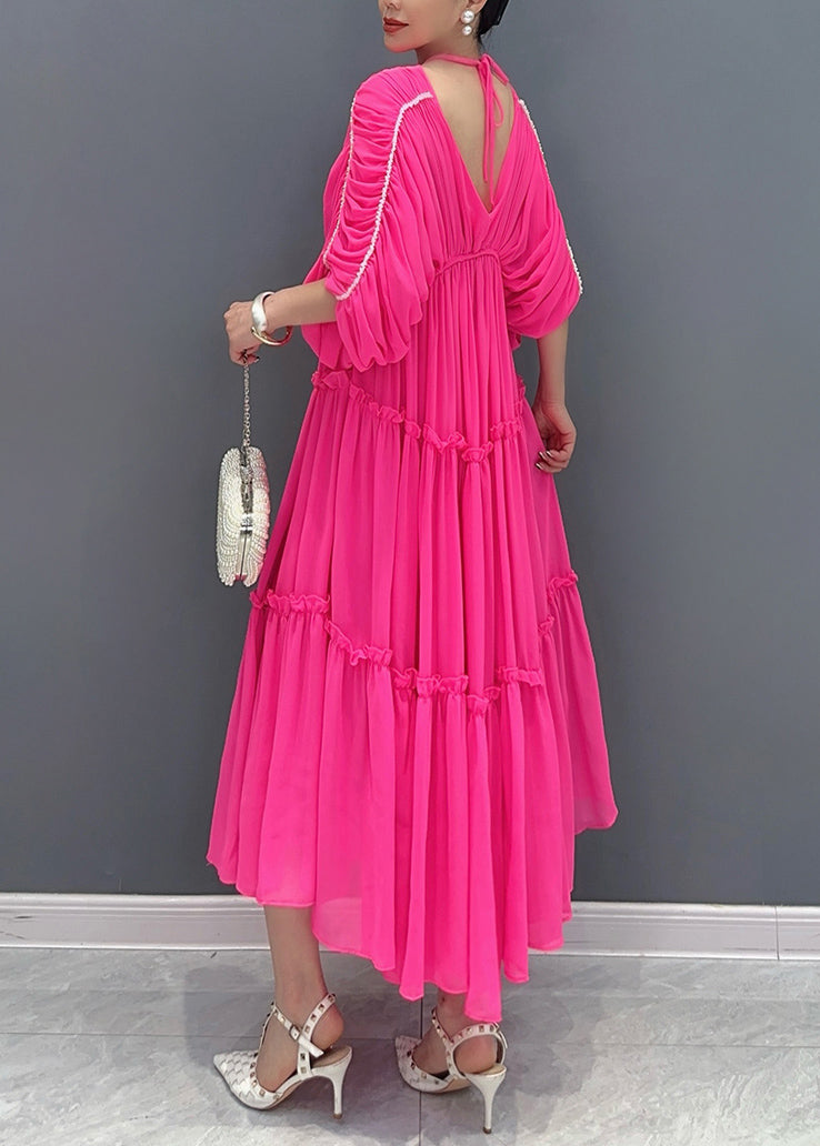 Rose Ruffled Wrinkled Chiffon Long Dresses Half Sleeve