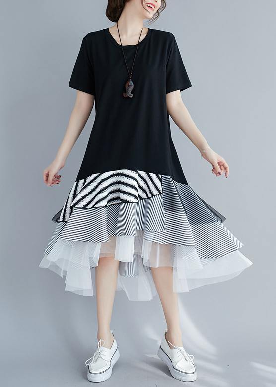 Loose Black Dress for O Neck Asymmetric Dress