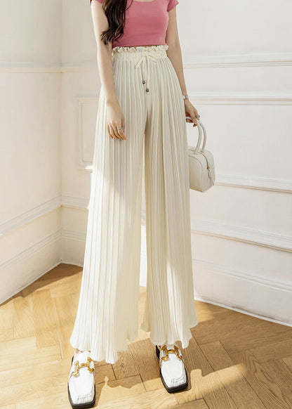 Apricot Lace Up Wrinkled Elastic Waist Chiffon Crop Pants