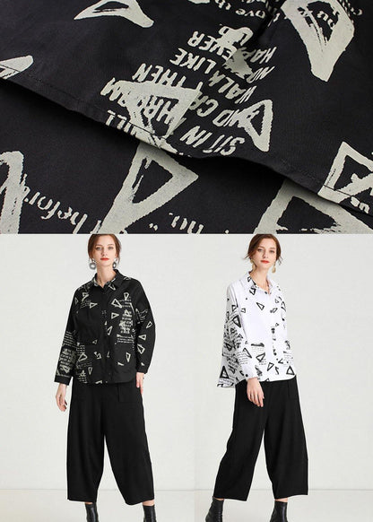 White Loose Print Fall Cotton Long Sleeve Shirt Top