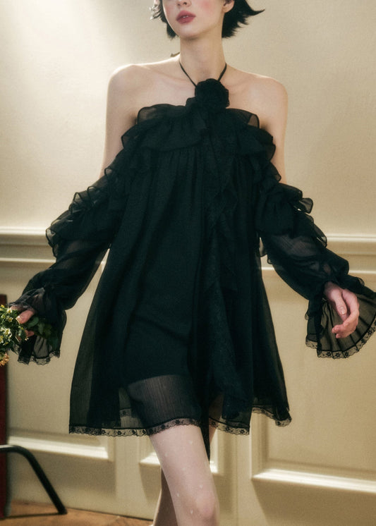 Black Ruffled Chiffon Mini Dresses Butterfly Sleeve