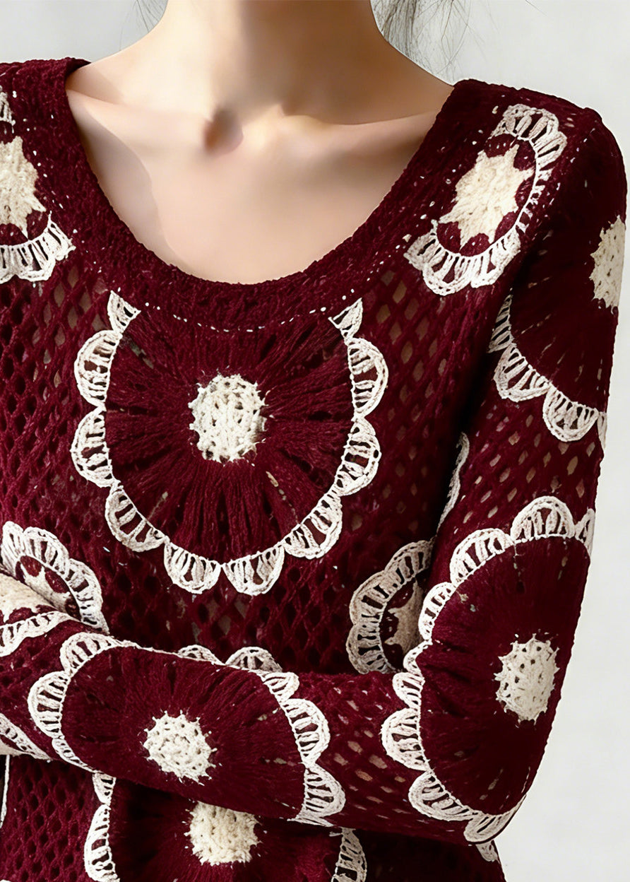 Red O-neck Hollow Out Knit Top Spring