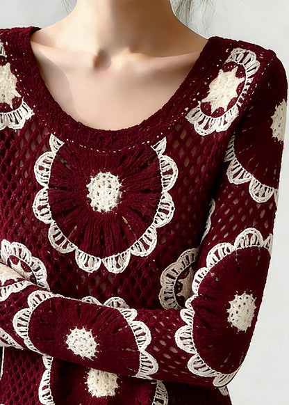 Red O-neck Hollow Out Knit Top Spring
