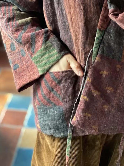 Winter Print Drawstring Linen Cotton Coat