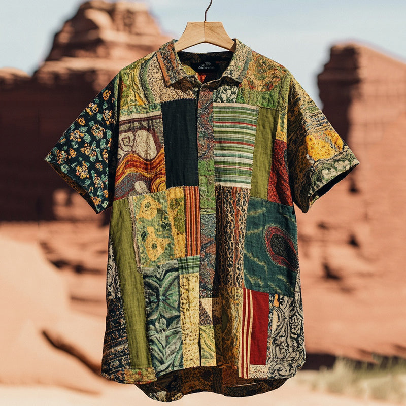 Men's Retro Contrast Patchwork Short Sleeve Shirt elevenforest
