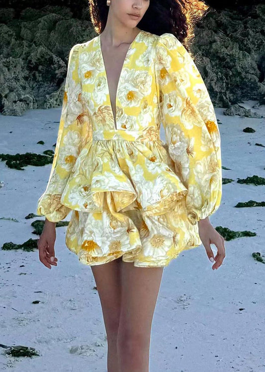 Yellow V Neck Print Mini Dress Lantern Sleeve