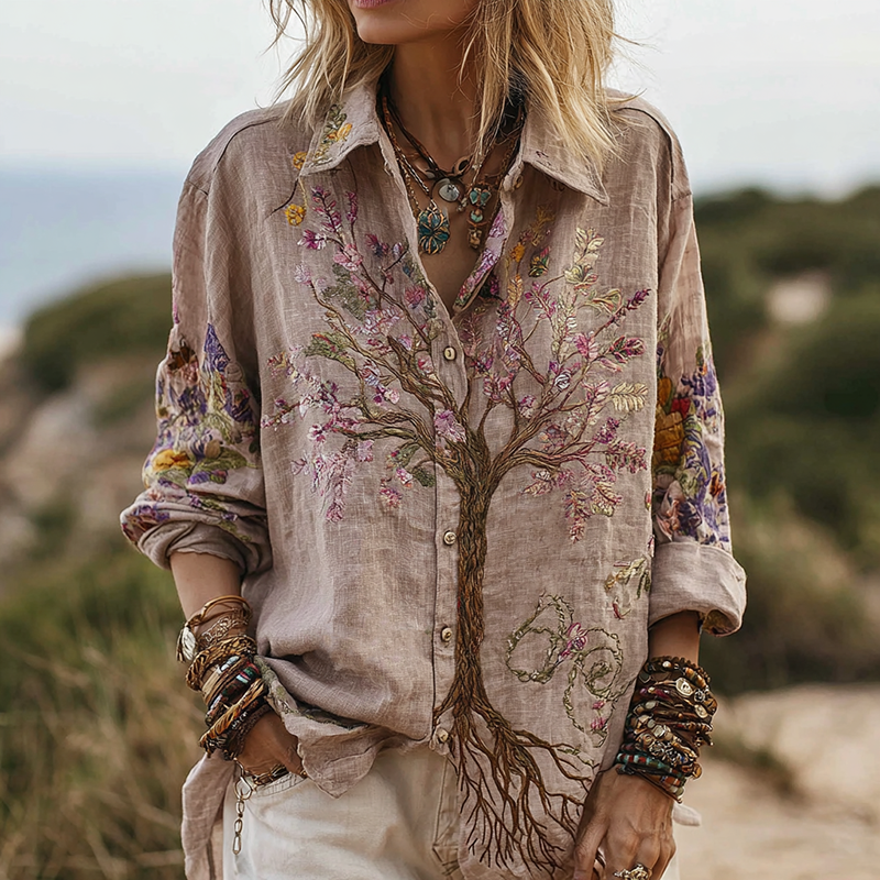 Women's Vintage Color Tree Of Life Cotton And Linen Shirt elevenforest