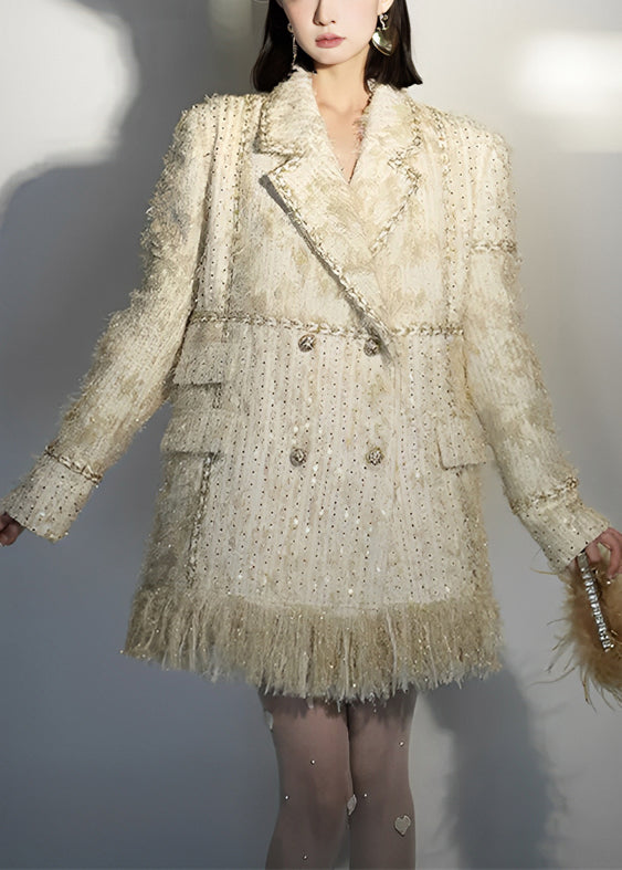 Beige Peter Pan Collar Tasseled Patchwork Cotton Coat Long Sleeve