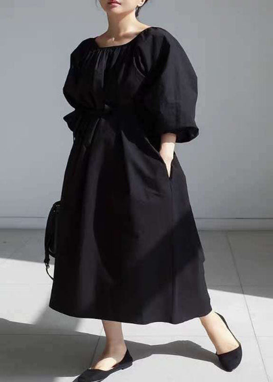 Easy Black Tie Waist Puff Sleeve Cotton Long Dress