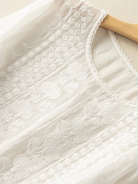 Embroidered Round Neck Half Sleeve Linen Tee Top