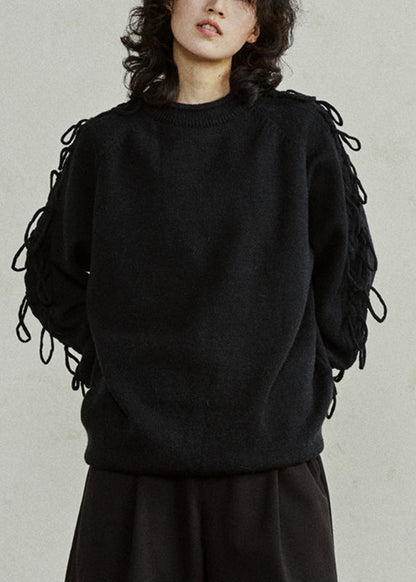 Black Cotton Knit Sweater Patchwork Tassel Fall