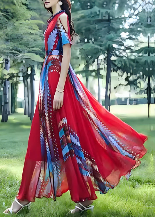 Red O Neck Print Chiffon Long Dress Summer
