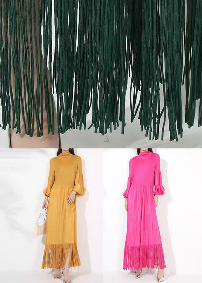 Loose Blackish Green Wrinkled Cotton Long Dress Petal Sleeve