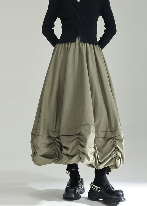 Green Wrinkled Pockets Patchwork Cotton Skirts Fall
