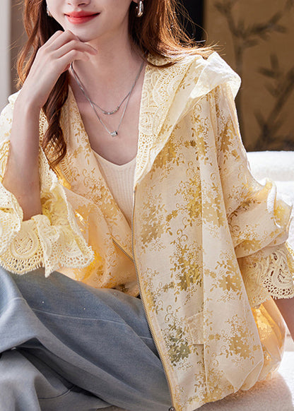 Yellow Zip Up Lace Hoodie Coat Batwing Sleeve