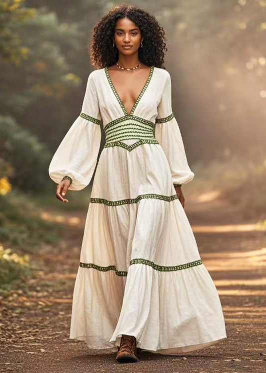 White Cinched Patchwork Cotton Long Dresses Lantern Sleeve