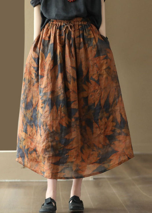 Orange Wrinkled Pockets Patchwork Linen Skirt Summer