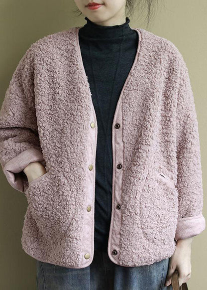 Pink Pockets Button Fall Winter Thick Coats Faux Fur