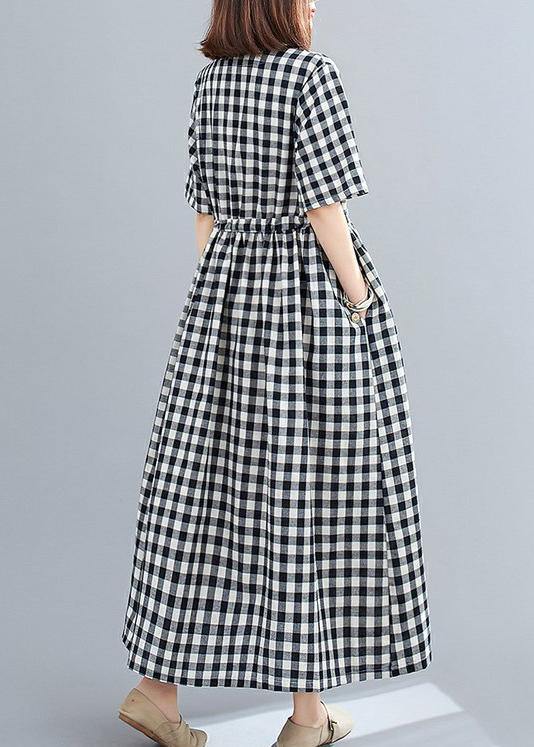 Organic V Neck Drawstring Cotton Clothes for Tutorials Black Large Plaid Dress