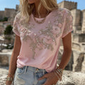 Women's Vintage Pink Flower Embroidery Art Short Sleeve Linen Blend T-shirt elevenforest
