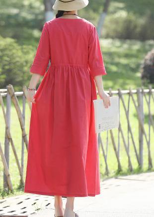 Red Linen Cotton Dresses Indian Pattern V Neck Three Quarter Sleeve Love Summer Dress
